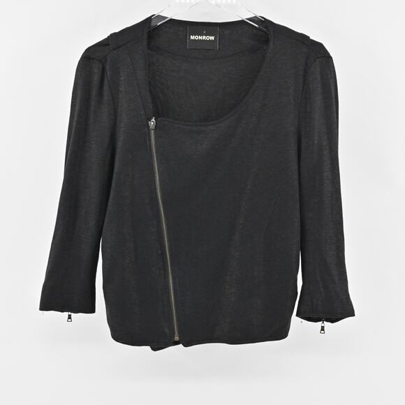MONROW Jacket Womens Size M Black Linen‎ Moto Asymmetrical Zip Front Rocker Chic - Picture 1 of 12